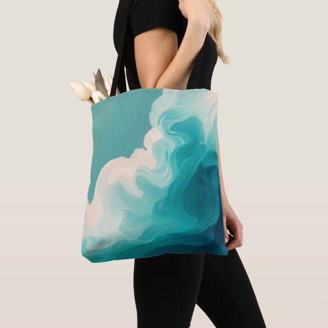 Bolsa Tote Abstract Teal and White Flowing Waves (Close Up)