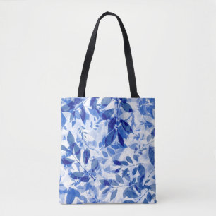 Bolsa Tote Abstrato Azul e Folhas Brancas