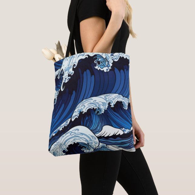 Bolsa Tote Abstrato Blue Ocean Ondas Japonês Estilo Trabalho  (Close Up)