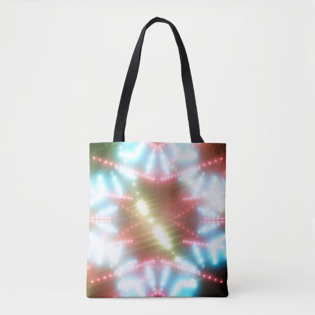 Bolsa Tote abstrato brilhante fundo neon com feixes e estrela (Frente)