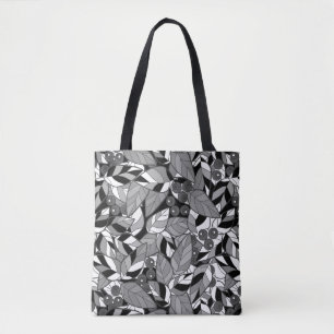 Bolsa Tote Abstrato cartoon folhas bagas pretas