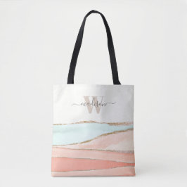 Bolsa Tote Abstrato de Aquarela Costeira com Nome e Monograma