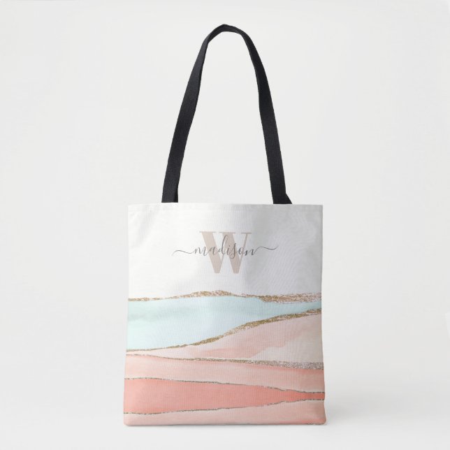 Bolsa Tote Abstrato de Aquarela Costeira com Nome e Monograma (Frente)