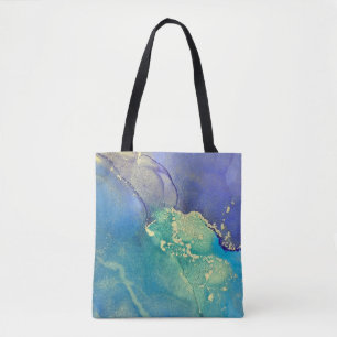 Bolsa Tote Abstrato de Tinta Azul Roxo e Álcool Dourado