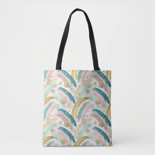 Bolsa Tote Abstrato do Arco-Íris Whimsso com Estrelas Dourada (Frente)