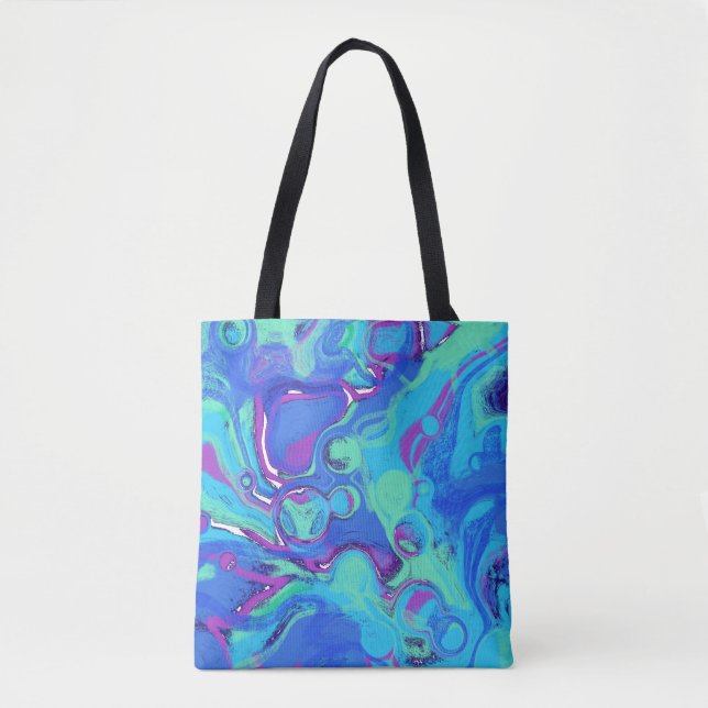 Bolsa Tote Abstrato em Blues, Verdes e Roxos (Frente)