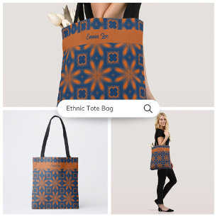 Bolsa Tote Abstrato floral caleidoscópio azul escuro laranja