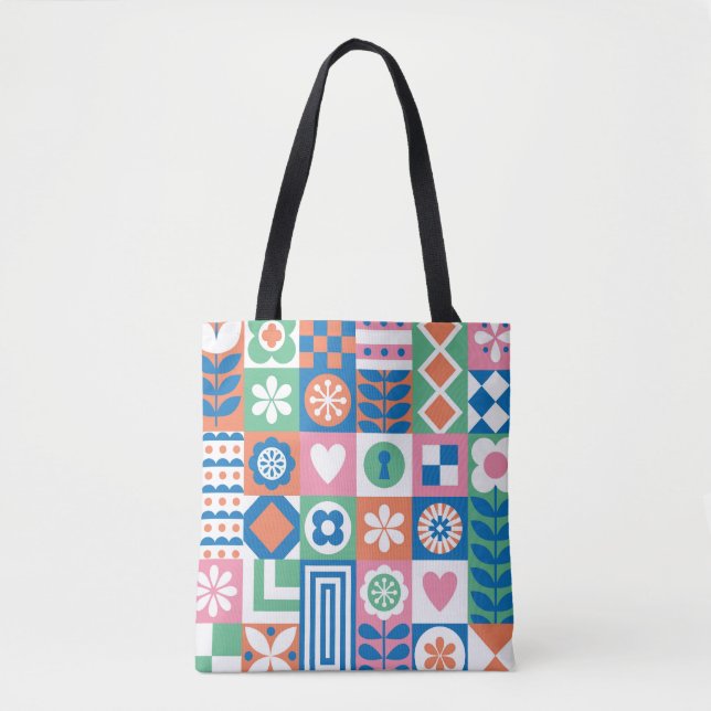 Bolsa Tote Abstrato Floral: Scandinávia Folk Design. (Frente)