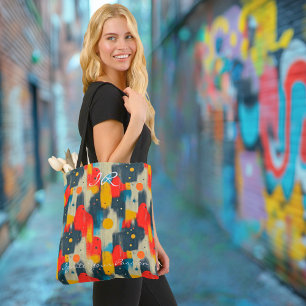 Bolsa Tote Abstrato Formas em Vermelho, Amarelo e Azul no beg