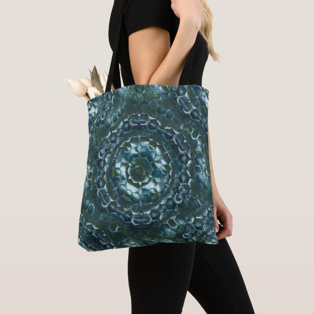 Bolsa Tote Abstrato hexágonos na luminosidade manchada ciano  (Close Up)