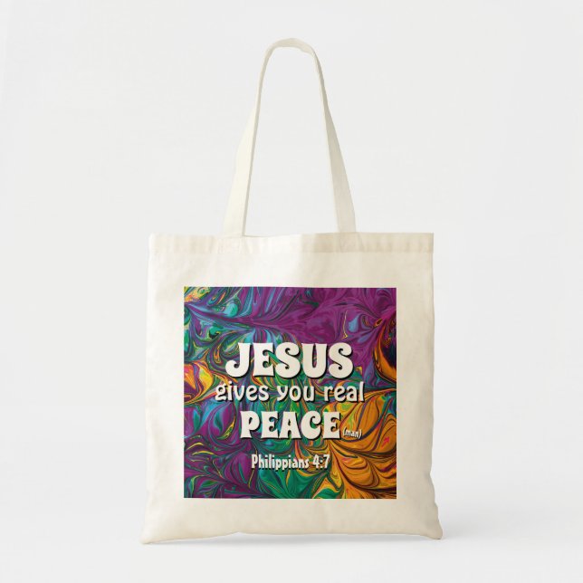Bolsa Tote Abstrato JESUS DÁ VERDADEIRA PAZ À PURPLE Cristã (Frente)