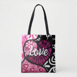 Bolsa Tote Abstrato Love Heart Pink Floral Bolinhas Pretas