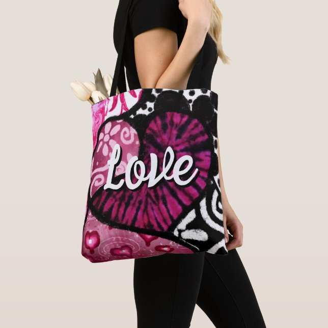 Bolsa Tote Abstrato Love Heart Pink Floral Bolinhas Pretas (Close Up)