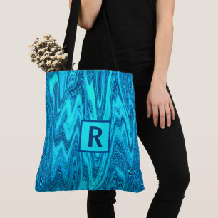 Bolsa Tote Abstrato Monograma inicial de Ondas Azuis Teares