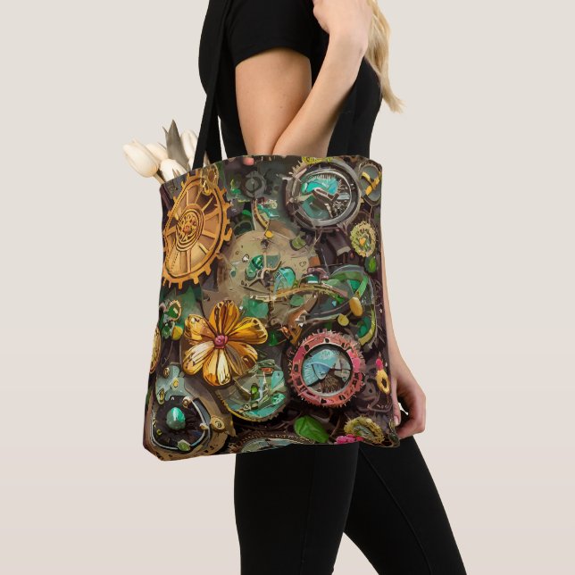 Bolsa Tote Abstrato Surreal Gears Flowers Steampunk Art (Close Up)