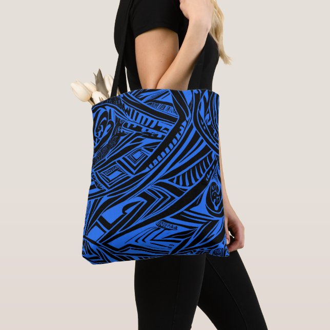 Bolsa Tote Abstrato Tribal Negro E Azul (Close Up)