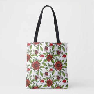 Bolsa Tote abstrato vermelho e folhas verdes em branco