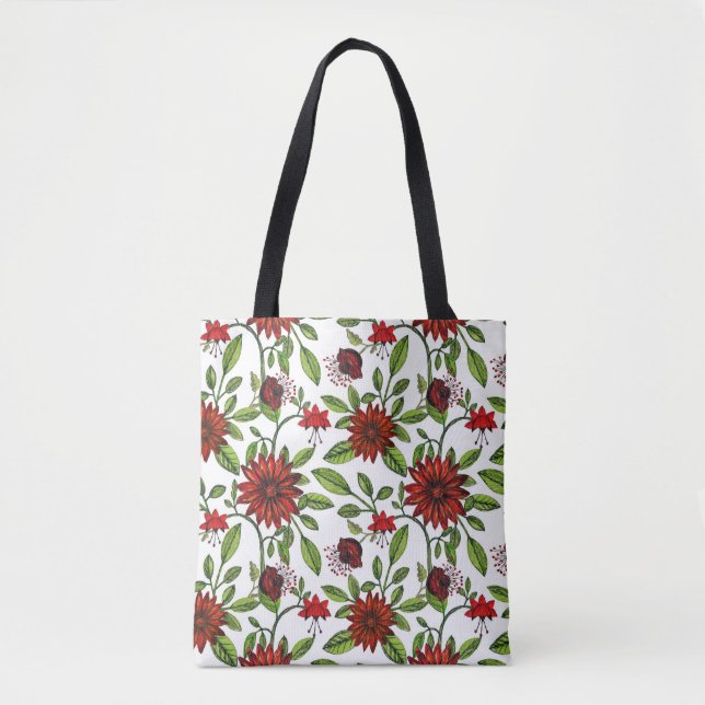 Bolsa Tote abstrato vermelho e folhas verdes em branco (Frente)