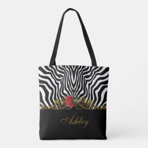 Bolsa Tote Abstrato Zebra Flor Vermelho Negro Branco Dourado