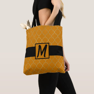 Bolsa Tote Açafrão Amarelo & Dourado Quatrefoil Monogramado