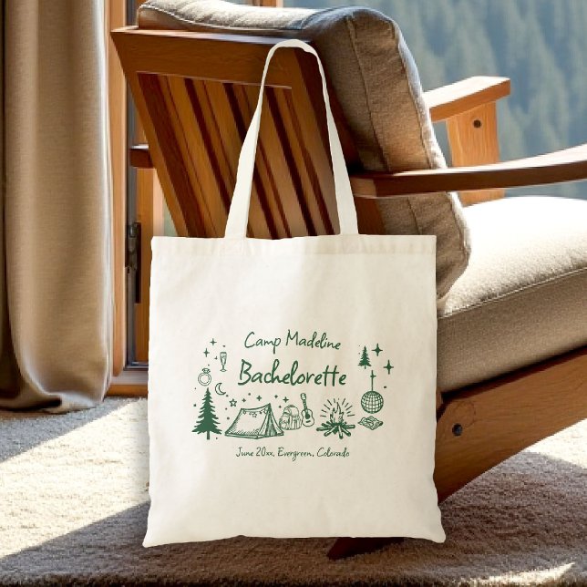 Bolsa Tote Acampamento de Férias de Desenho à Mão em Verde (camp bachelorette tote bag bridesmaid gift camping hand drawn written girls trip bach)