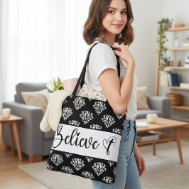 Bolsa Tote Acredite em cristão negro, preto, manuscrito moder