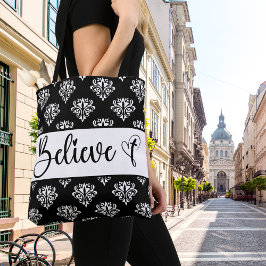Bolsa Tote Acredite em cristão negro, preto, manuscrito moder