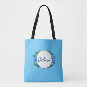 Bolsa Tote "Acredite" Sua Palavra Lembrete Azul Zinnia Floral