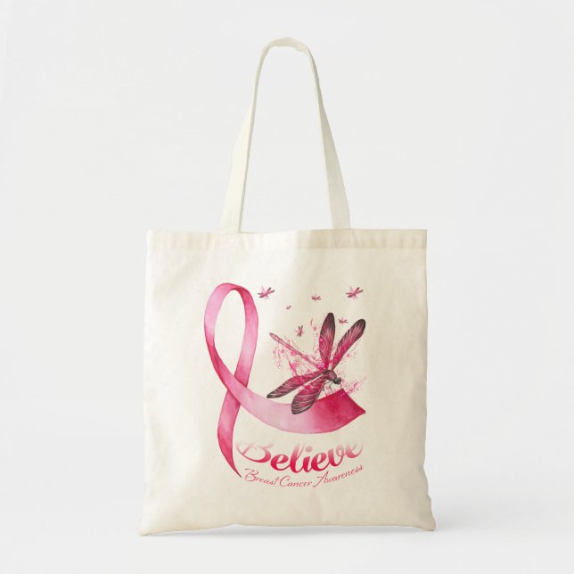 Bolsa Tote Acreditem no Cancer de Fita Rosa de Dragonfly (Frente)