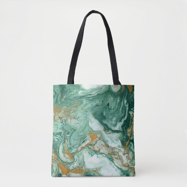 Bolsa Tote acrílico ouro-verde: textura de mármore. (Frente)