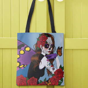 Bolsa Tote Açúcar Morado Caveira Fada Rosas Vermelhas Monarca