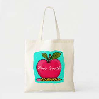 Bolsa Tote Adesivo de Nome de Professor de Maçã Rosa Elegante