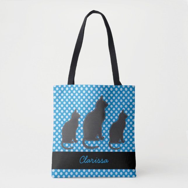 Bolsa Tote Adicionar nome Bolinhas azul brilhante com gatos p (Frente)