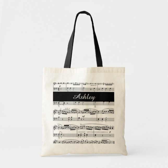 Bolsa Tote adicionar nome, notas de música em preto e branco (Frente)