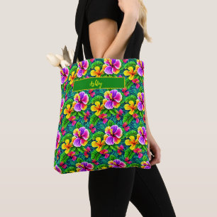 Bolsa Tote Adicionar Nome Texto Tropical Hibiscus Flor Selva 