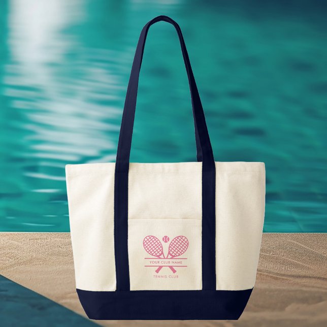 Bolsa Tote Adicionar Tênis da Equipe de troca verde do nome d (Lawn Tennies Rackets Motif Pink Logo Navy Blue Handles Tote Bag)