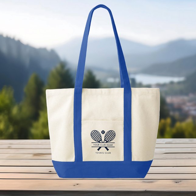 Bolsa Tote Adicionar Tênis da Equipe do Nome do Clube Marinho (Lawn Tennis Club Rackets Motif Custom Blue Handles Large Tote Bag)