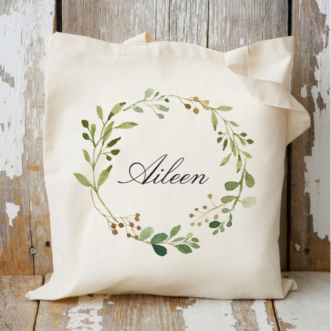 Bolsa Tote Adicione seu nome Greenery Wreath (Criador carregado)