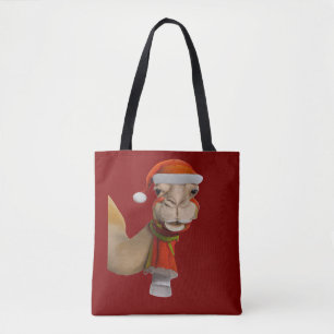 Bolsa Tote Adorável Camelo Fofo Vestindo Chapéu de Papai Noel