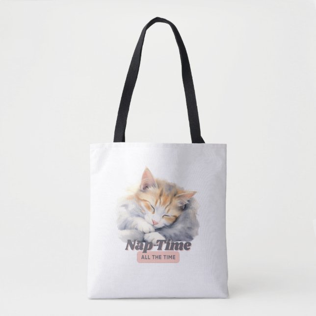 Bolsa Tote Adorável Cat "Tempo de Nap Todo o Tempo" (Frente)