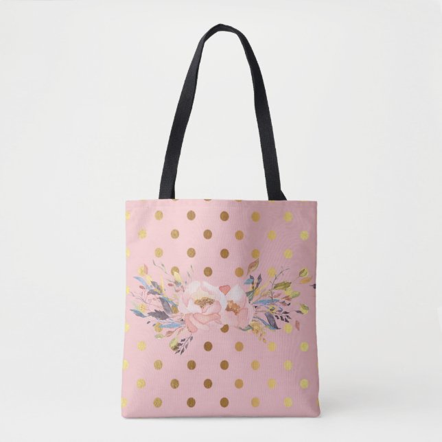 Bolsa Tote Adorável Flores de Pontos Polka Dourados Falsos (Frente)