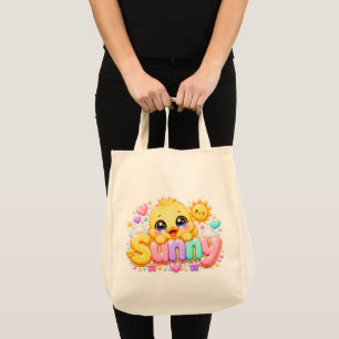 Bolsa Tote Adorável Kawaii Franguinho Ensolarado Nome Pastel 