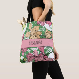 Bolsa Tote Adorável monograma floral cor-de-rosa e verde