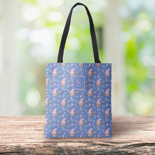 Bolsa Tote adorável padrão de jardim de coelho azul Monograma