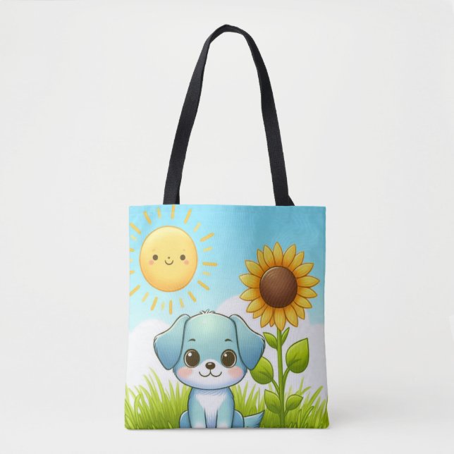 Bolsa Tote Adorável Puppy com girassol e sol sorridente (Frente)