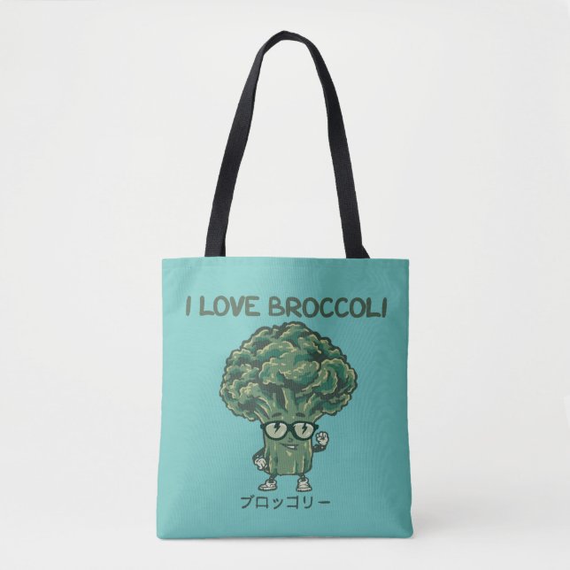 Bolsa Tote Adoro brócolis, desenho japonês kawaii (Frente)
