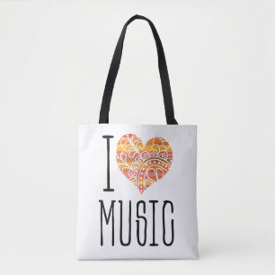 Bolsa Tote Adoro Música Amarelo Coração de Mandala Laranja