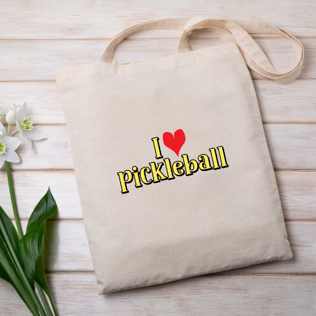 Bolsa Tote Adoro picleball Text em Amarelo com Coração Vermel (Criador carregado)