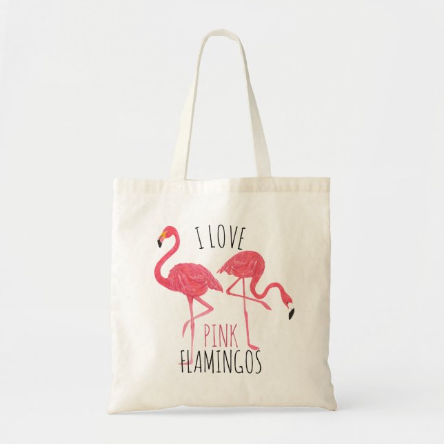 Bolsa Tote Adoro Texto e Ilustração de Pássaros e Flamingos R (Frente)