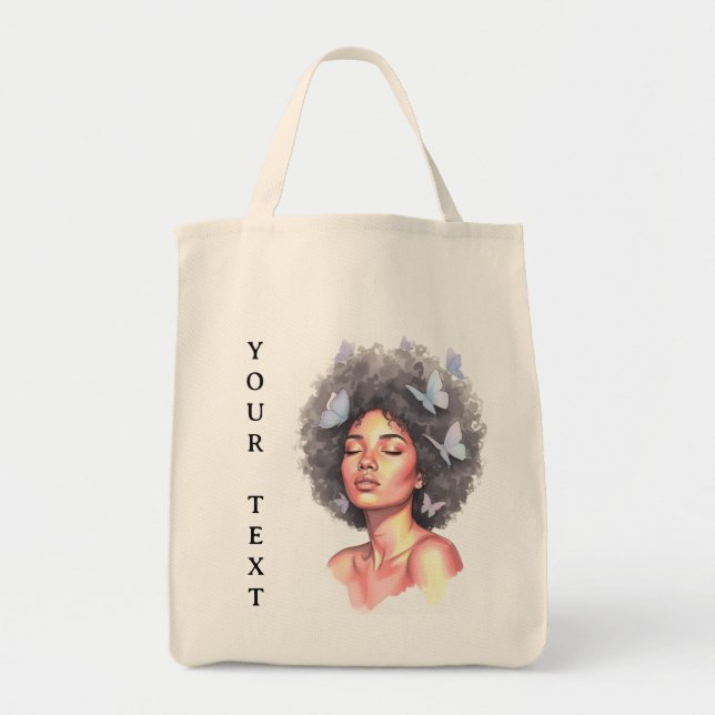 Bolsa Tote Afro Beauty with Butterflies – Watercolor Portrait (Frente)
